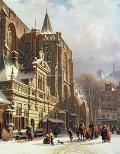 View of the Hoofdwacht and the Grote Kerk, Zwolle by Cornelis Springer
