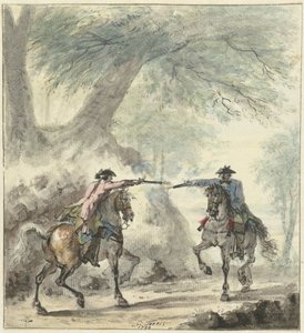 Two Riders Meeting and Shooting at Each Other on a Forest Path