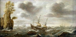 Dutch boat on a turbulent sea, spinning off a rock, with vegetation at its summit, other boats are represented on the horizon