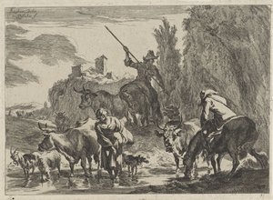 Shepherds with Cattle Wading Through a Stream (Landscapes)