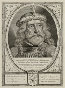 Dirk I, Count of Holland, in Armor. The Frame is Decorated with the Coat of Arms of Holland. by Cornelis Visscher