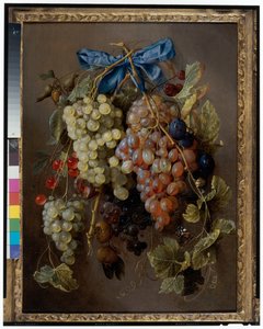 Still Life of Grapes, Cherries and Plums Hanging from a Nail with a Blue Ribbon
