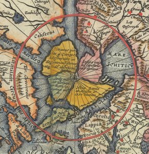 Detail of World Map - Arctic with Magnetic Island as North Pole by Cornelis de Jode