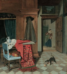 Interior with a Carpet, a Sword and a Jug on a Table, a Cello on a Chair, a Coat Hanging on a Cupboard, a Cat Playing with a Ball, a Maid Beyond