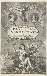 Venus on Shell with Burning Heart and Arrow Drifting off the Coast of Zeeland, Above Two Medallions with Portraits of Cloës and Blondae and Cartouche with Title Held by Amor Title Page for: Venus Zelanda et alia ejus Poëmata, The Hague 1641