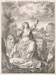 Female Personification of the Continent Africa as a Woman with Lion Skin Sitting Among Lions (Africa indignata fremens) (title on object) (Four Continents) (series title) by Cornelis van Dalen (II)