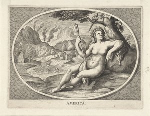 Female Personification of the Continent America as a Woman with Feather Headdress and Arrow in Landscape by Cornelis van Dalen (II)