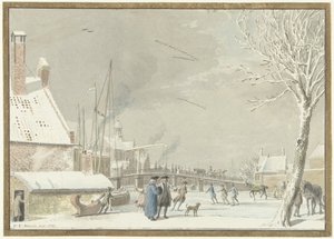 Frozen City Canal with Skaters by Cornelis van Noorde
