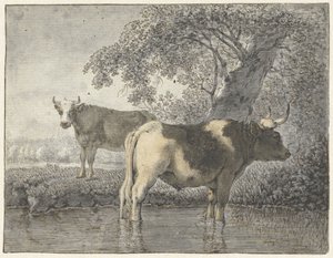 Two Cows Under a Tree by the Water by Cornelis van Noorde