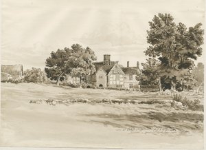 Oaken - Farm House: Sepia Wash Drawing by Cornelius Varley