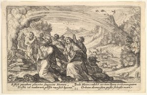 God enters into a covenant with Noah: next to a smoking pyre Noah kneels in a gesture of p...