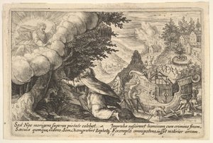 Noah Kneeling Before God at Left, the Construction of the Ark Underway Beyond, from a Series