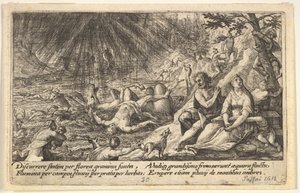 The Beginning of the Flood: Men and Women Climb to Higher Ground at Right, Water Overtaking