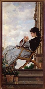 Woman Sewing on the Terrace by Cristiano Banti