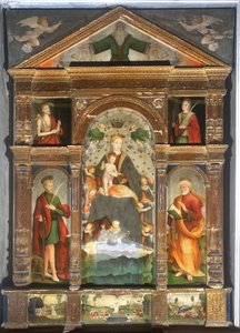 Crowned Madonna and Child with Angels, Saint Paul, Saint Peter by Cristoforo (fl.1525 1578) & Pancalino Raffaele (fl.1514 1573) Pancalino