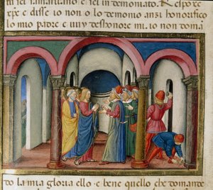 Jesus is intercepted near the temple of Solomon by Jews who ask him to prove his identity (Detail) by Cristoforo De Predis