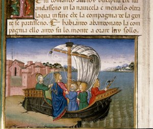 Jesus tells the Apostles to go by boat to Capharnaum while he goes to pray on the mountain (Miniature by Cristoforo De Predis, 1440-1486)