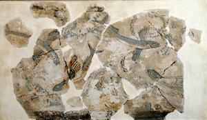 Cycladic art: fragment of fresco depicting flying fish (sea swallows). from the site of Phylakopi (island of Melos) 2500 BC Dim. 23 cm Athens, national archeological museum
