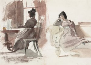 Studies of a young lady in a pink dress, seated at her desk and seated on a chaise longue