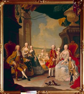 Francois I of the Holy Empire (1708-1765) and his wife the Empress Marie Therese I (1717-1780) with their eleven children on the terrace of the castle of Schonbrunn. The future queen Marie Antoinette poses in the centre still baby.