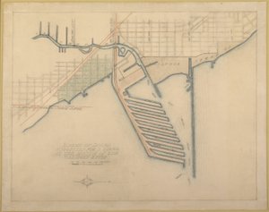 Plate 72 from The Plan of Chicago, 1909: Chicago. Sketch Diagram of Docks Suggested at the Mouth