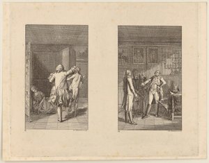 Baron Chases Candide Out of the Castle [left]; Candide, Cunegonde and the Old Woman Before the Governor of Buenos Aires [right] by Daniel Nikolaus Chodowiecki