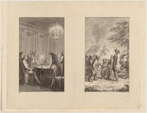 Candide with an Actress [left]; Candide in Norway [right] by Daniel Nikolaus Chodowiecki