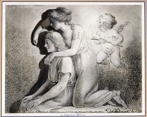 The Invention of Drawing: A Girl Draws, Encouraged by Cupid, the Silhouette of a Young Man Sitting to Her Left on the Wall by Daniel Nikolaus Chodowiecki