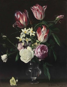 Roses, tulips, and narcissi in a glass vase, with a butterfly, on a ledge by Daniel Seghers