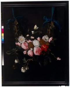 Swags of Roses, Tulips, Daffodils and Other Flowers Suspended from Blue Ribbons