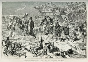 Some common scenes from the Salone fair (Croatia), sale of fruits, vegetables, poultry and lambs, as well as tables set up for desaltering. Engraving after the drawing of Virgo, to illustrate the voyage to Dalmatia, by Charles Yriarte, in 1874, published i