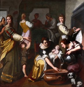 Life of the Virgin: The Birth of Mary. Painting by Daniele Crespi, 17th century, Museo della Basilica di Santa Maria Assunta, Gallarate, Italy