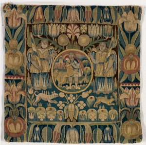 Tapestry cushion cover depicting Samson Slaying the Lion