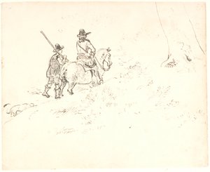 A rider followed by a man on foot, both in old-time attire