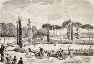 Chariot races in Villa Borghese, Rome, Italy, engraving from drawing by Dante Paolocci by Dante Paolocci