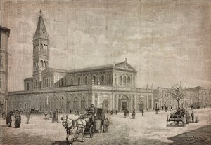 New church of Sacred Heart in Rome, Italy, engraving from drawing by Dante Paolocci
