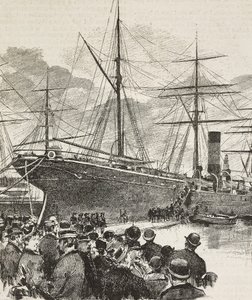 People attending embarkation of Bersaglieri, corps of Italian Army, on ship Gottardo, Italian expedition in Red Sea, engraving from drawing by Dante Paolocci by Dante Paolocci