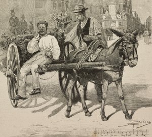 Water vendor selling water from Acetosa fountain in streets of Rome, Italy, engraving after drawing by Dante Paolocci, from L