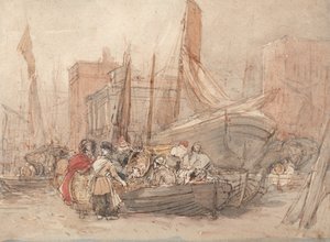 Harbor Scene, With Fishing Boats Being Unloaded by David Cox