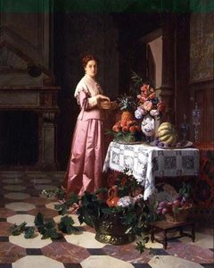 Lady with Fruit and Flowers on a Table by David Emil Joseph de and Knarren P. Noter