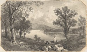 View of a lake or river with a sailboat by David Octavius Hill