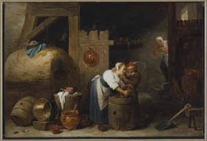 Interior with a Young Woman Scrubbing Pots while an Old Man Troubles Her by David Teniers the Younger