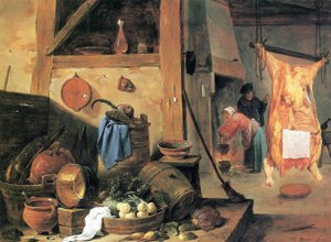 Kitchen Interior with Still-life and Slaughtered Ox by David Teniers the Younger