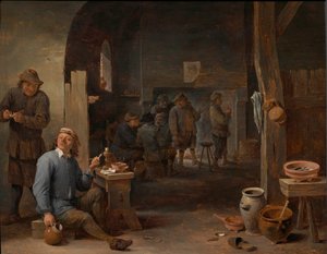The Interior of an Inn with Peasants Smoking by a Table and Conversing before a Fire by David Teniers the Younger
