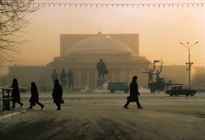 A statue of Vladimir Lenin guards the Novosibirsk Theater. Novosibirsk, Russia.