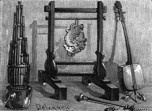 Chinese musical instruments: organ, sound stone and violin.