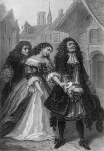 Play Monsieur de Pourceaugnac by Moliere: Monsieur de Pourceaugnac, Julie and Oronte, engraving by Delannoy after a drawing by G. Staal (1870)