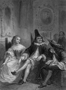 Play The Doctor in Spite of Himself by Moliere: Lucinde, Sganarelle and Geronte, engraving by Delannoy after a drawing by G. Staal (1870)