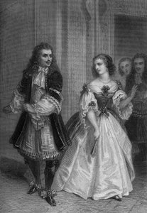 Play The Misanthrope by Moliere: Alceste, Celimene, Eliante, Philinte engraving by Delannoy after a drawing by G. Staal (1870)
