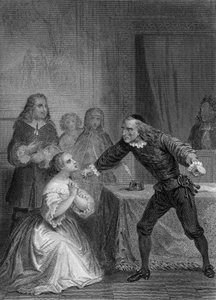Play The Miser by Moliere: Elise and Harpagon, engraving by Delannoy after a drawing by G. Staal (1870)